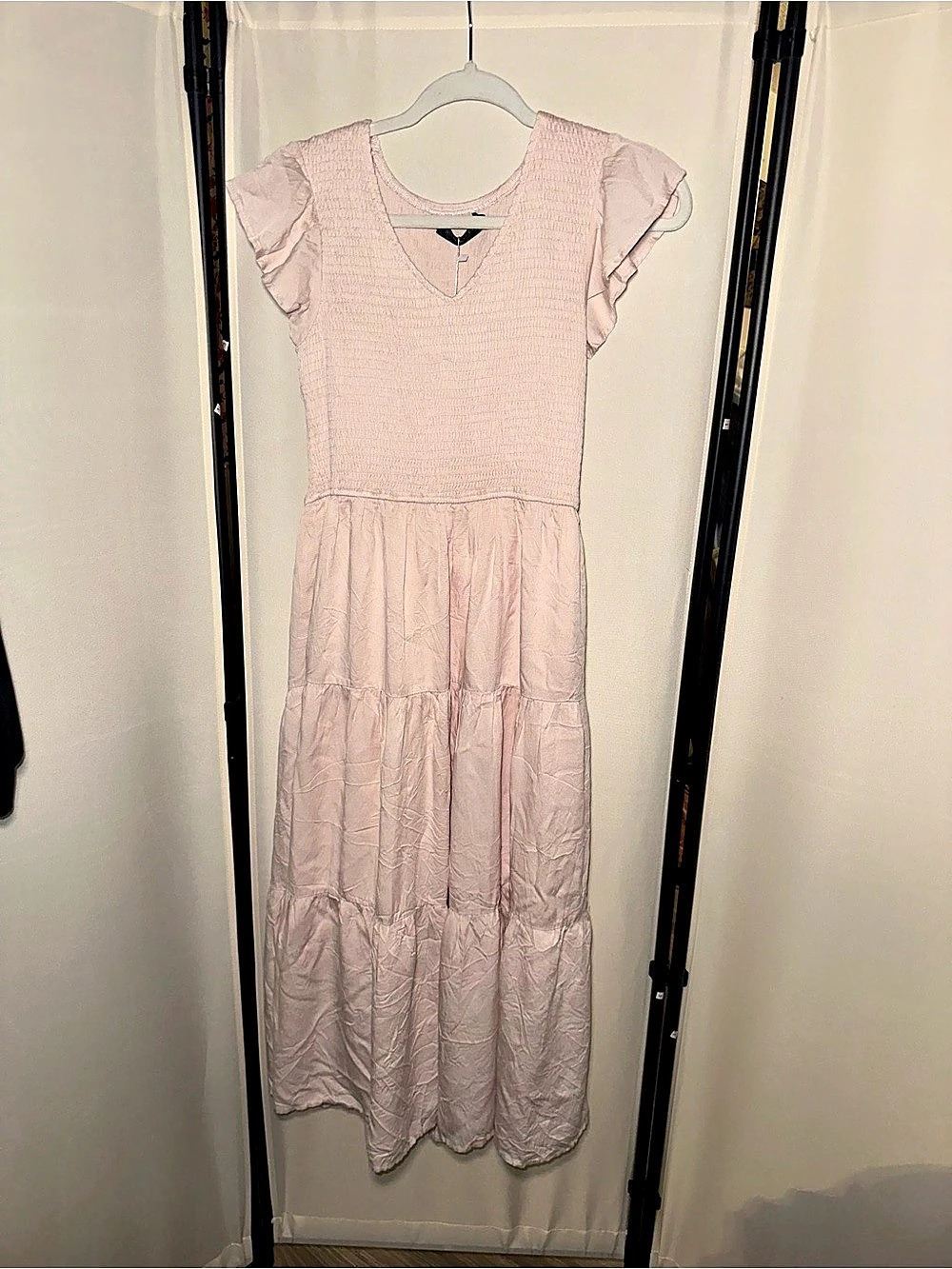 Merokeety Women's Flutter Short Sleeve Smocked Midi Dress Pink Medium